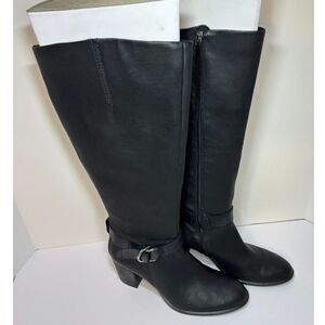 ECCO Black Leather Buckle Side Zip Knee High Heeled Boots Womens